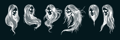 Vintage ghost woman portraits set. Gothic tattoo design. Halloween hand-drawn vector illustration. Witch drawings on chalkboard. NOT AI generated